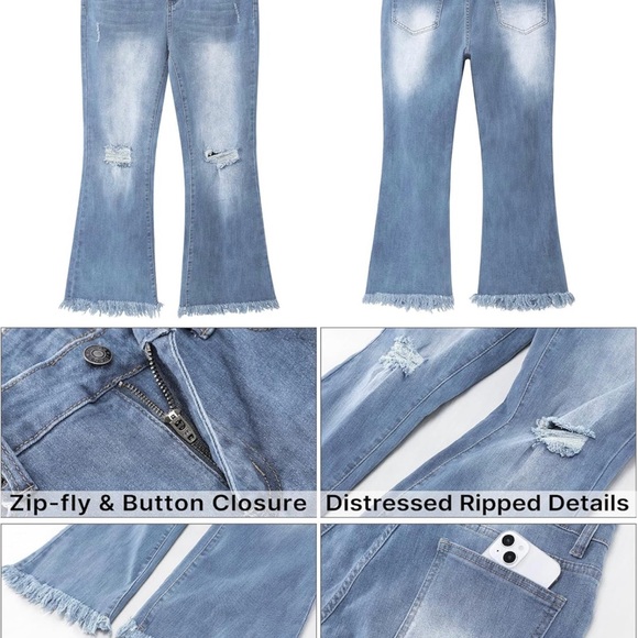 Like New XXL Crop Flare Jeans High Waist Rip Distressed Wide Leg Stretch Raw Hem - Picture 6 of 11